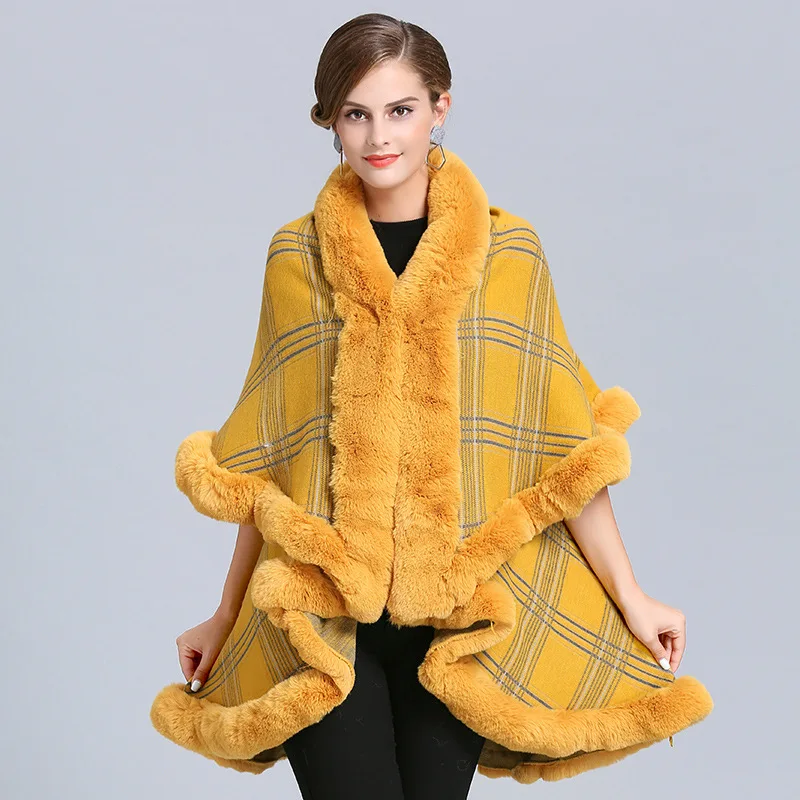 Same Color As Photo Желтый теплый искусственный мех лисы длинный искусственный кашемир 2 слоя пончо накидка Одежда Женская передняя короткая задняя плед, кардиган пальто - Цвет: Same Color As Photo