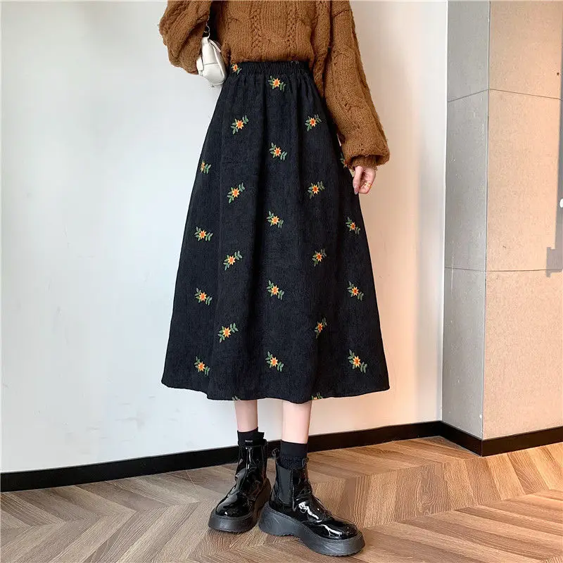 

Vintage Floral Print A-line Pleated Long Skirts Autumn Women Corduroy Skirt Streetwear Drawstring Elastic Waist Midi Skir