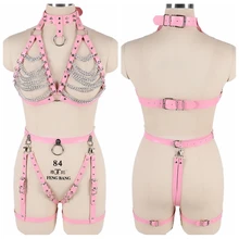 Розовый кожаный комплект с бюстгальтером в стиле панк, топ в готическом стиле, цепочка на талию, подвязка, Женская подвязка, ремни, выдалбливают, регулируют бюстье, боди, Танцевальная вечеринка