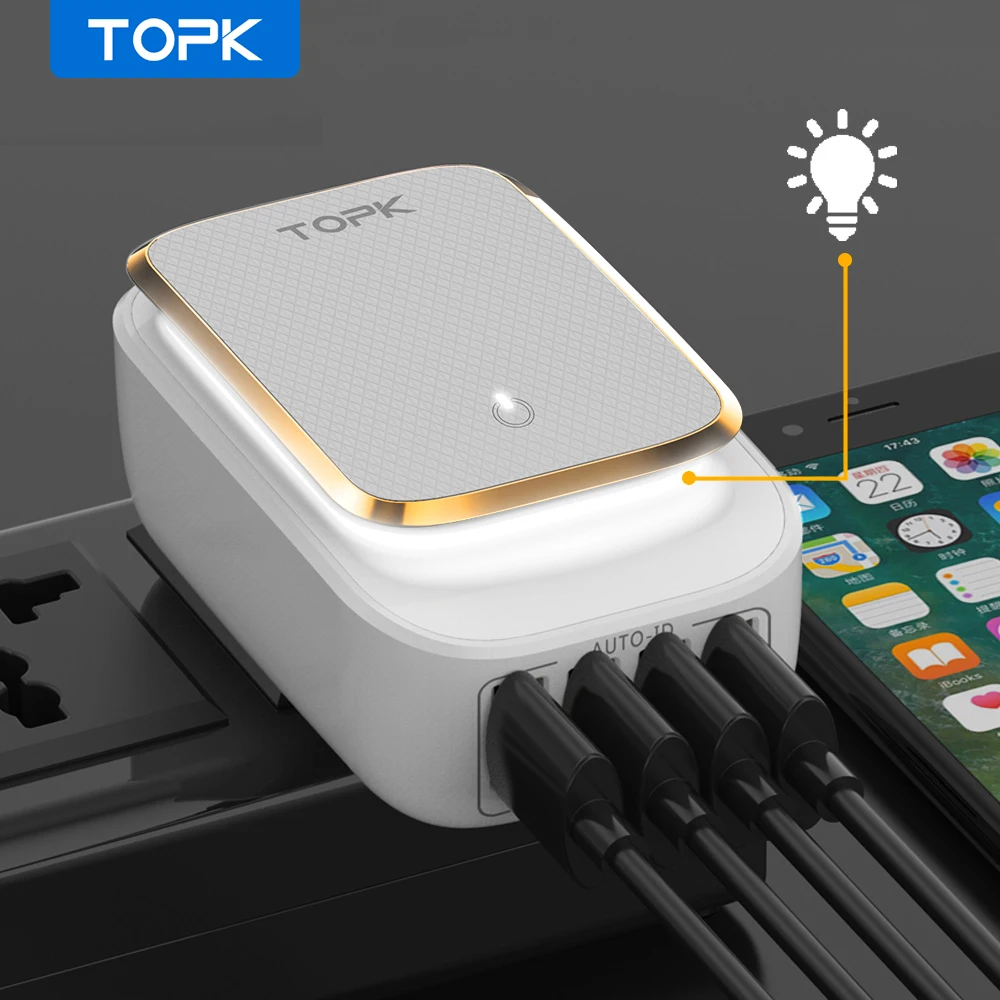  TOPK 4-Порты и разъёмы 4.4A (макс.) 22W Европейская USB Зарядка адаптер Светодиодный светильник автоматической идентификации Портативный теле…