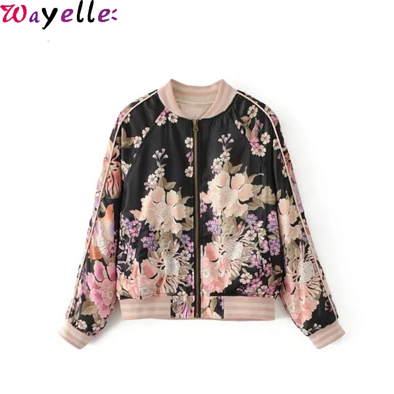 

Boho Vintage Floral Print Bomber Jacket Coat Women 2019 Fashion O Neck Long Sleeve Windbreaker Jacket Women Streetwear Outwear