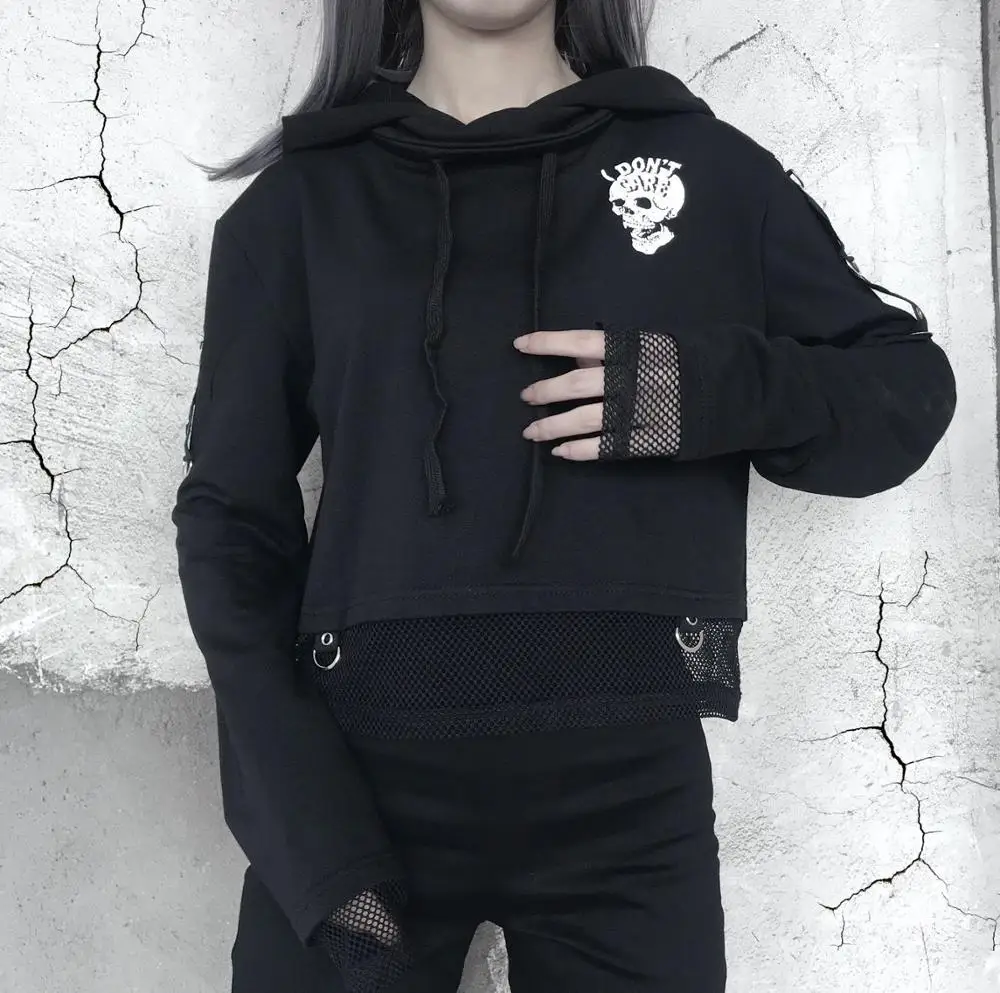 

Gothic Black Women Long Sleeve Double-sided Letter Skull Print Splice Mesh Hollow Out Hooded Tops Goth Punk Dark Loose Hoodeis