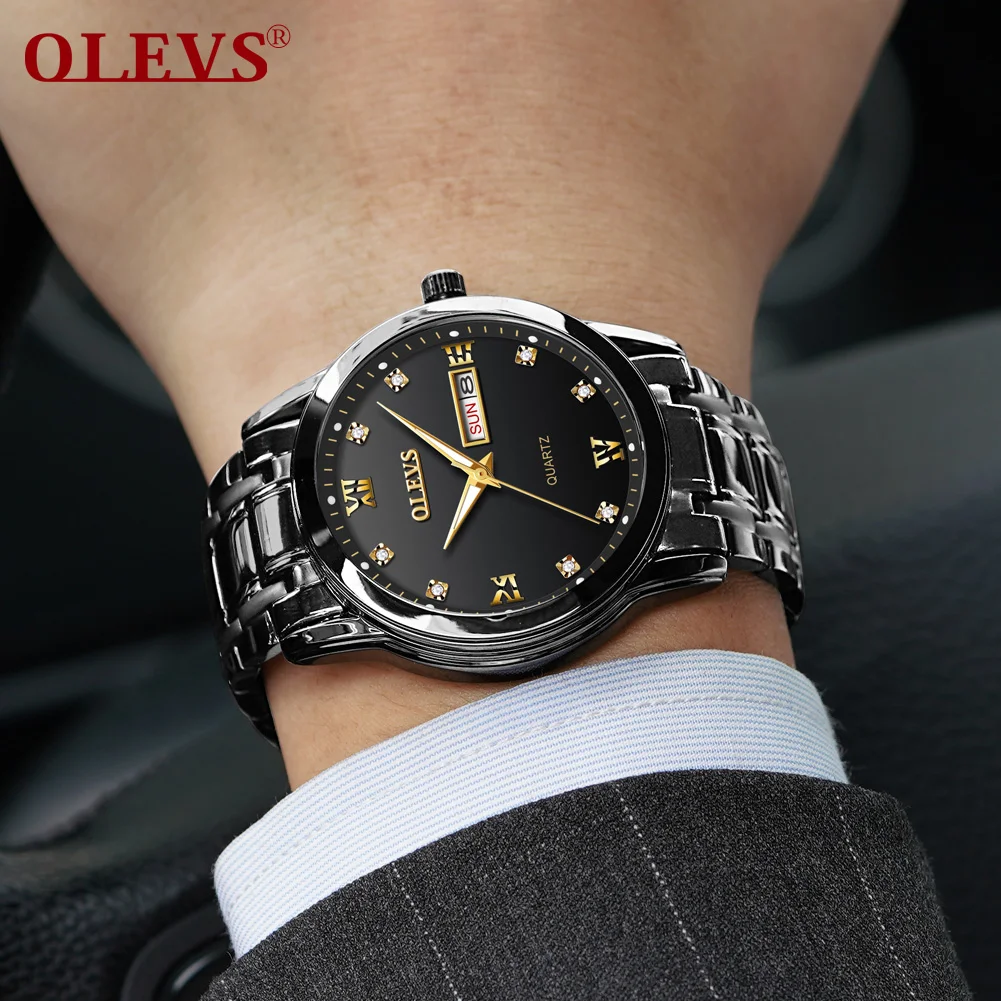 OLEVS, мужские часы, кварцевые, с календарем, нержавеющая сталь,, Лидирующий бренд, водонепроницаемые, деловые наручные часы, модные, светящиеся, ручная работа