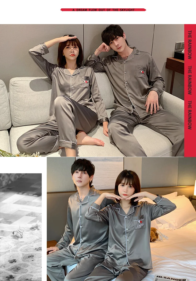 New Hot Couple Pajamas for Lovers Spring and Autumn Long-sleeved Couple Pajamas Women Cute Thin Ice Silk Men's Silk Home Service mens silk pajamas