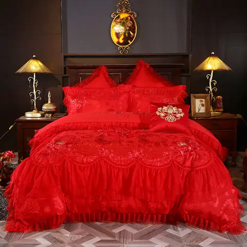 Красный розовый жаккард свадьбные постельные комплекты 4/6/9 шт. queen king size постельное белье кружевное роскошное постельное белье покрывало - Цвет: 2