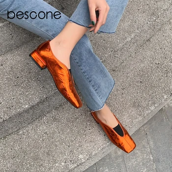 

BESCONE New Concise Women Flats Fashion Elastic Design Square Toe High Quality Cow Leather Slip-On Shoes Comfortable Flats BO516