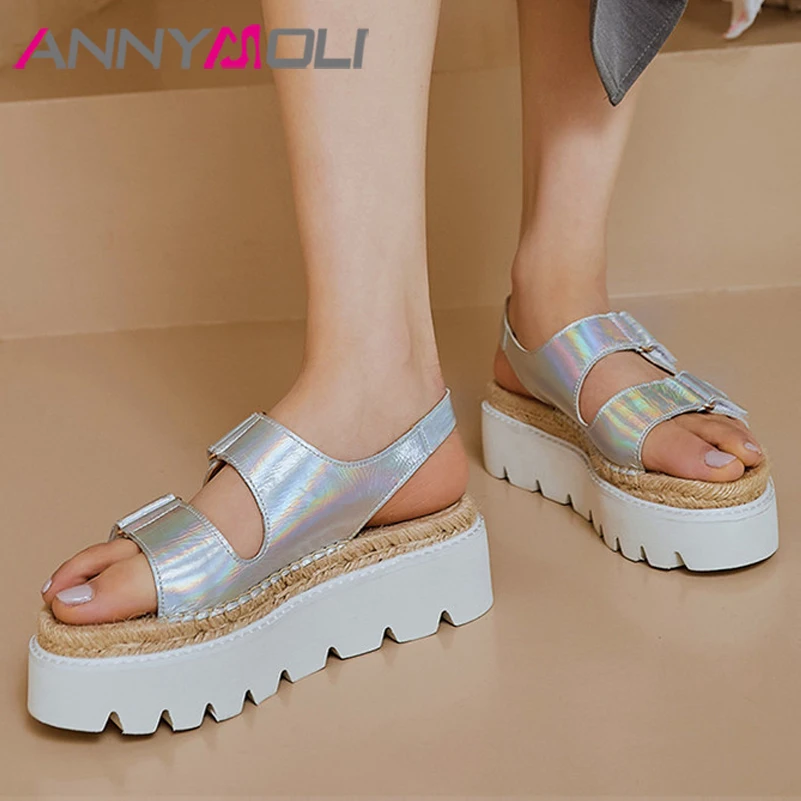 

ANNYMOLI Natural Genuine Leather Sandals Espadrille Flat Platform Woman Shoes Open Toe Sandals Casual Lady Footwear Sliver Gold