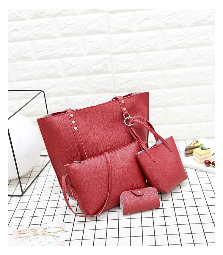 Сделано в Китае 4 шт Женская модная кожаная сумка через плечо сумка-тоут кошелек сумка-мессенджер набор - Цвет: Бургундия