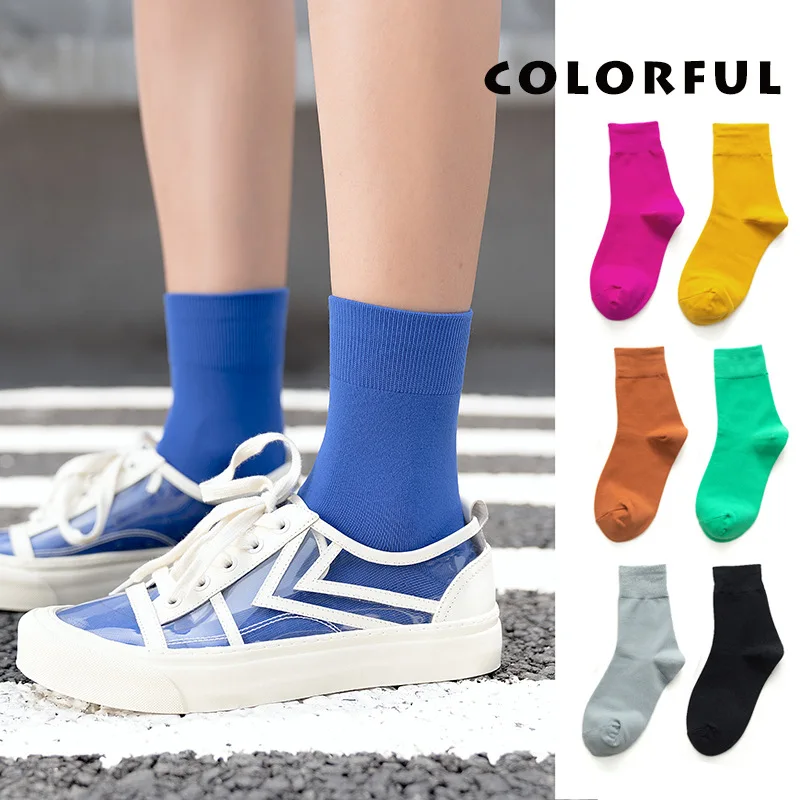 

Colorful Women Basic Socks Daily Socks Solid Colors Comb Cotton Midi Girls Casual Socks High Quality Autumn Socks Woman
