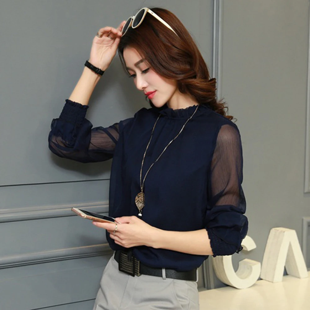 

Chiffon Blouse 2019 Women Tops Long Sleeve Stand Neck Work Wear Shirts Elegant Lady Blouses Casual Solid Color Blusas Plus Size