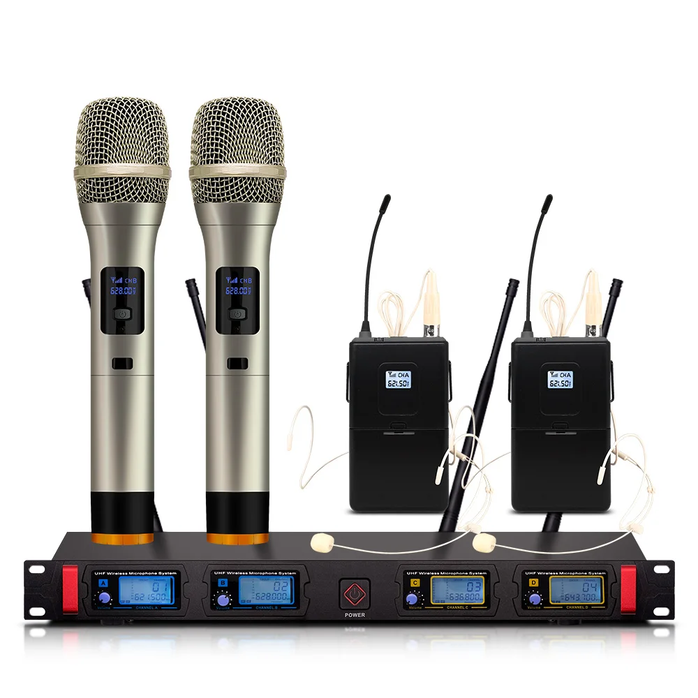 

Professional wireless microphone 4 channel fixed frequency dynamic display 2 handheld 2 skin color headset wireless microphone
