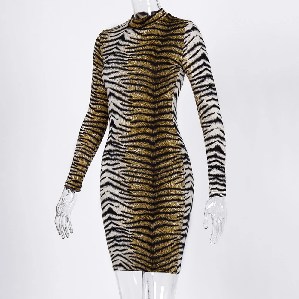 Новые женские леопардовые с тигровым принтом Высокая Водолазка с длинным рукавом облегающие Вечерние Короткие мини-платья