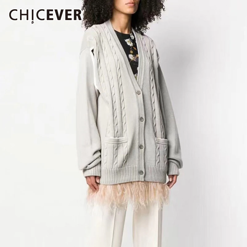 

CHICEVER Patchwork Feather Knitting Women's Sweater V Neck Long Sleeve Loose Cardigan Casual Sweaters Female 2019 Autumn Fashion