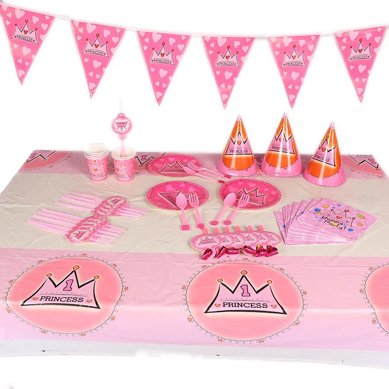 

Happy birthday kids Princess baby girl shower 1st party decoration first pink banner table cloth straws cup plates supplier gift