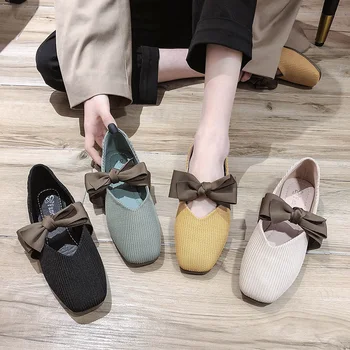 

Shallow Mouth Knitting Flats Square Toe Boat Shoe Winter Shoes Women Autumn Casual Female Sneakers Women's Moccasins Slip-on