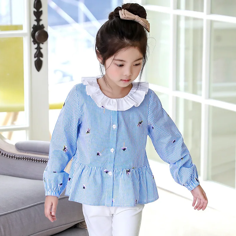 Spring New Products Girls Long Sleeve Vertical Striped Shirt Korean-style Childrenswear Big Boy Peter Pan Collar Tops D087