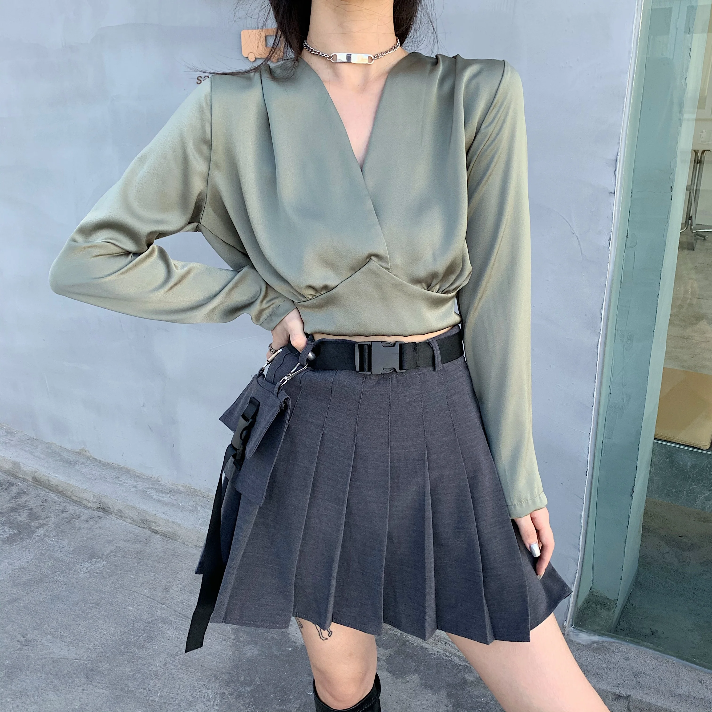 

Korean Summer Vitality Girl Diablo Style Wome Skirt Vintage Pleated Pocket High Waist Belt Casual Streetwear A-Line Mini Skirt