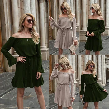 

UVRCOS2020 Autumn and Winter New off-Shoulder Bell Sleeve Ruffle Dress