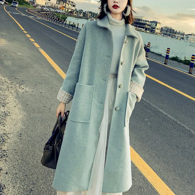 

Wool Blend Jacket Women Autumn Casual Loose Office Lady Female Overcoat Turn-down Collar Solid Slim Long Woolen Coat Pocket Coat