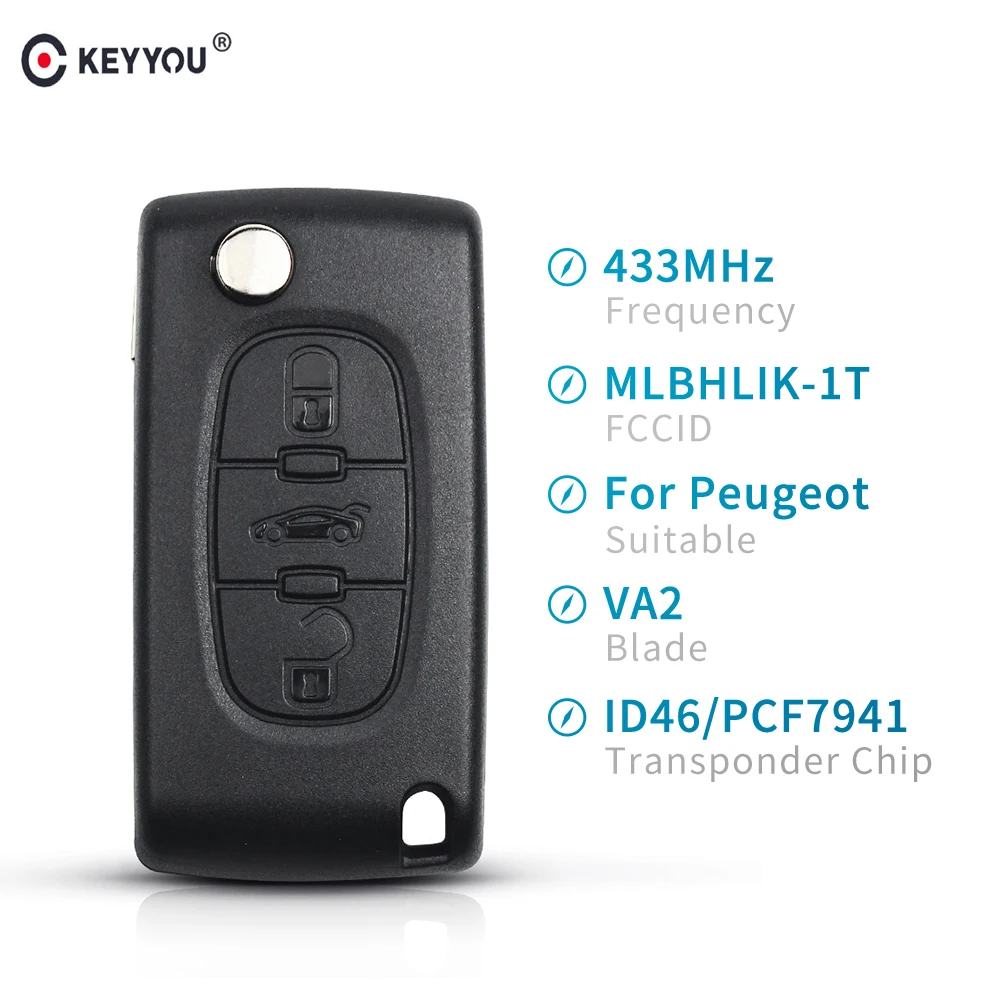 KEYYOU VA2 Автомобильный ключ ASK 433 МГц ID46 PCF7941 для Peugeot 207 407 306 Partner ect 3 кнопочный флип