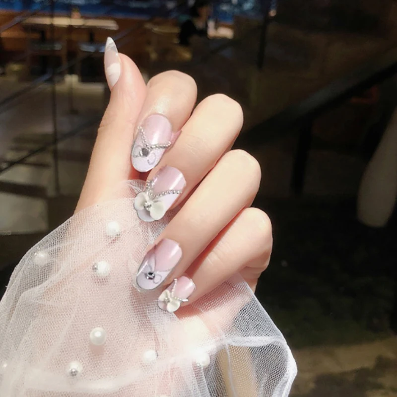 24pcs Shining Rhinestone Wedding False Nails Transparent Glitter Gems Flower Long Artificial Nail Full Tips False Nail