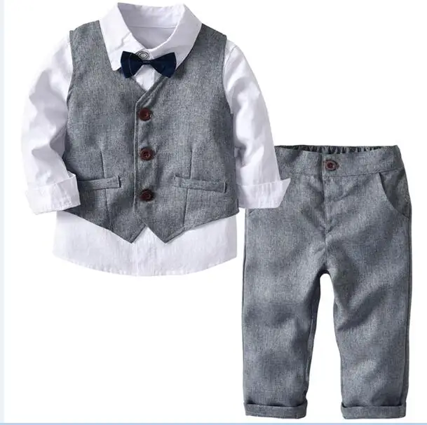 Костюмы на свадьбу для мальчиков, детская одежда, серая жилетка+ рубашка+ брюки для мальчиков комплект одежды детская одежда для детей Одежда для детей преддошкольного возраста - Цвет: White Grey