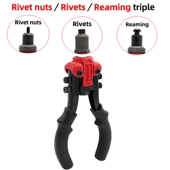 

Multifunctional triple manual rivet nut/rivet/reamer gun inserted into the threaded mandrel for manual riveting rivet nut tool