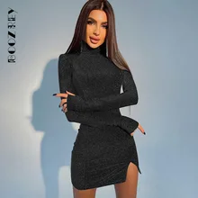 

BoozRey Winter Bottoming Dress Women Elegant Solid Slim Mid-waist High-neck Short Skirt Long-sleeve Fashion Split Bodycon Dress