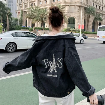 

Korean Clothes Fashion Embroidery Eiffel Tower Denim Jacket Women Pocket Coat Lady 2020 New Spring Autumn Black Blue Tops C01513