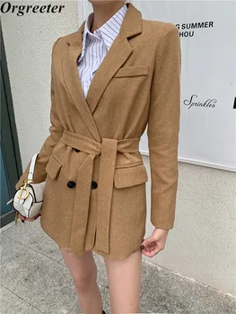 

Chic Fashion Blazer Shorts Two piece set Women Temperament Solid Double-breasted Sashes Lace-Up Outwear and Shorts Suits