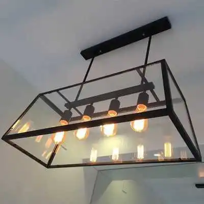 

American Minimalist Industrial Loft Wrought Iron Table Rectangular glass Box Chandelier 110-240V