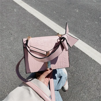 

New Bow Decoration Shoulder Bags For Women Trend Crocodile Pattern PU Leather Square Female Crossbody Bag With Adjustable Strap