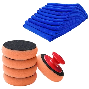 

1set Car Wash Towel, Microfiber Towels,Microfiber Cleaning Cloth & 6Pcs Car Wax Wash Polish Pad Sponge Cleaning Foam