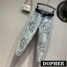 Европейские джинсы женские Новые корейские весенние осенние студенческие женские шаровары для отдыха женские джинсовые брюки штаны с буквенным принтом