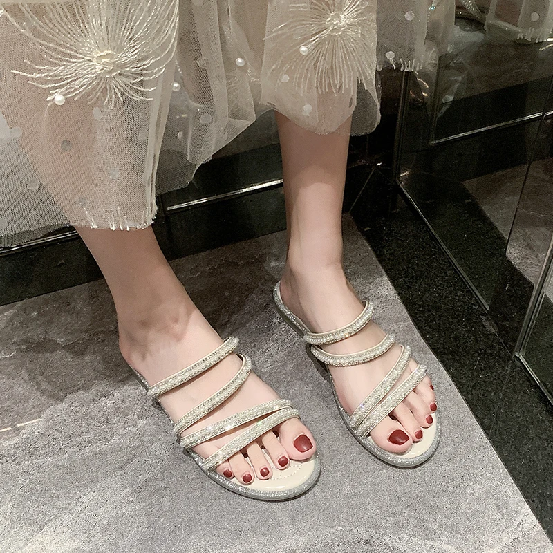 

Sweet Pearl Flat Slippers Women Summer Open Toe Narrow Band Slippers Shoes Women Leisure Indoor Slides Beige Green 2020