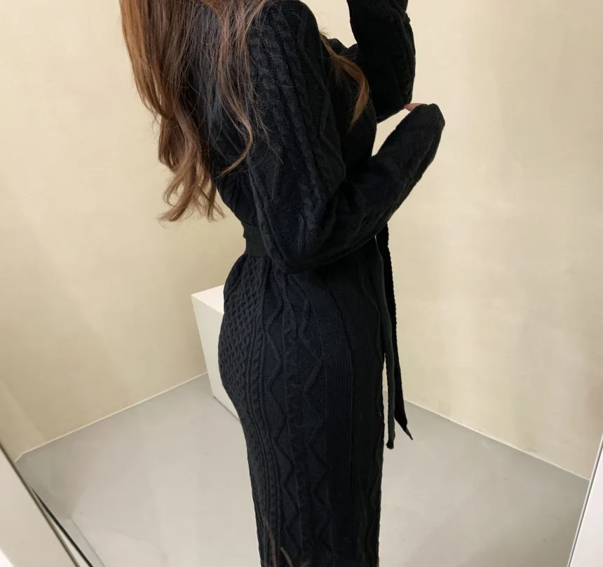 H5042607073f14c47b72b8c8a78a37a3cN - Winter V-Neck Long Sleeves Twist Solid Knitted Midi Dress with Belt
