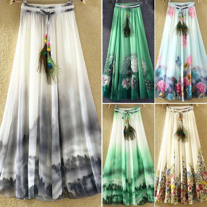 Женские с цветочным принтом в богемном стиле шифоновое, максимальная длина юбка миди с эластичной резинкой на талии, Высокая Талия Elascity Повседневное Винтаж летние пляжные hh88