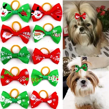 

10pcs Christmas Dog Hairband Bows Rubber Bands Dog Cat Printed Bow-Knot Hair Accessories Dog Grooming Supplies