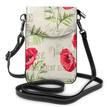 

Women Crossbody Bags Mini Phone Bag Red Poppy On Vintage Postcard Small Female Shoulder Bags Ladies Messenger Bag