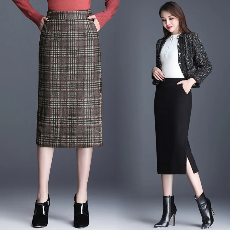 

Woolen Skirt 2019 Autumn And Winter Women's New Style High-waisted Slit One-step Skirt Mid-length Plaid Skirt Dress