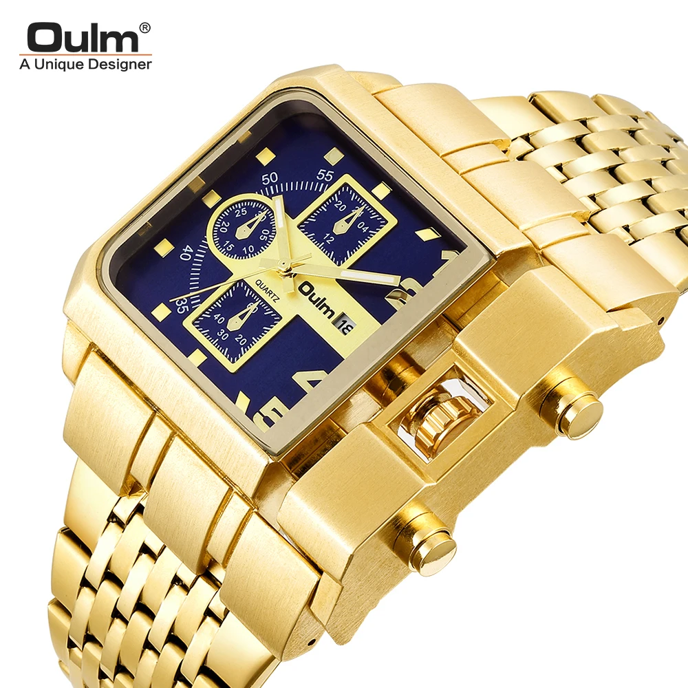 2023 Oulm Luxury Brand Gold Stainless Steel Male Watch Square Quartz Wristwatch Automatic Calendar Waterproof Relogio Masculino