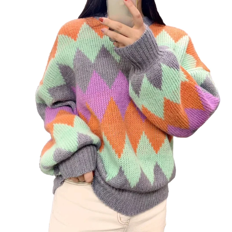 XIBUSANA 2020 Autumn Winter New Patchwork Sweaters Women Long Sleeve Cotton O-Neck Casual Pullovers Rhombus Rainbow Tops Female