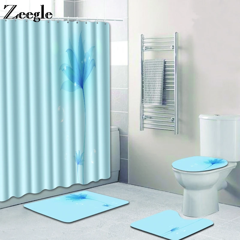 Zeegle Shower Curtain with Bath Mat Set Toilet U Type Mat Flannel Foot Mat Anti Slip Toilet Pedetal Rug Washable 4pcs Toilet Set