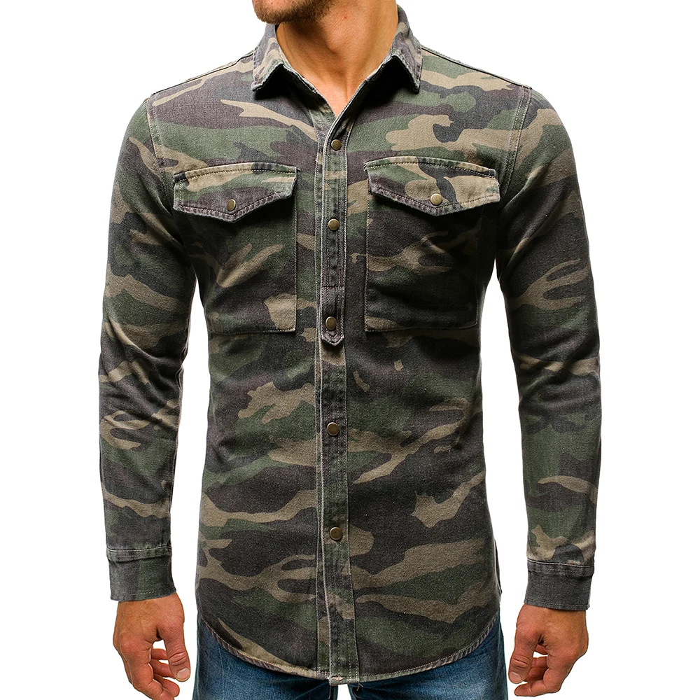 Джинсовая рубашка мужская модная камуфляжная джинсовая Повседневная рубашка с длинными рукавами Высококачественная уличная спортивная одежда в стиле хип-хоп комбинезоны верхняя одежда - Цвет: Army Green Camo