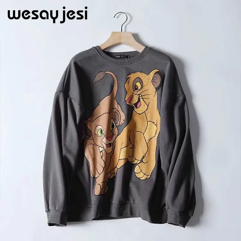 Two Lion Черный, розовый,, Осень-зима, принт с героями мультфильмов, Король Лев, Женская толстовка, повседневные, большие размеры, толстовки, эластичные манжеты, тянущиеся топы с круглым вырезом - Цвет: Two Lion