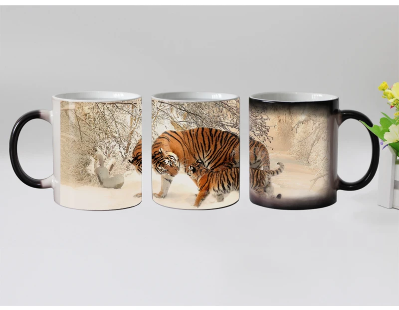 Funny novelty Animal Tiger Ceramic Color Changing Coffee Mug heat Sensitive Magic Tea Cup Mugs super gift