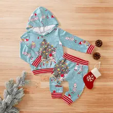 Комплект из двух предметов для маленьких мальчиков и девочек, брюки с длинными рукавами комплект для малышей, свитер с капюшоном и принтом рождественской елки, унисекс, штаны