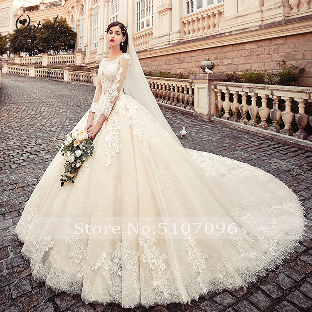 Optcely Robe De Mariee, винтажное бальное платье с круглым вырезом цвета шампанского с длинным рукавом, свадебное платье, аппликация, расшитое бисером, свадебное платье со шлейфом