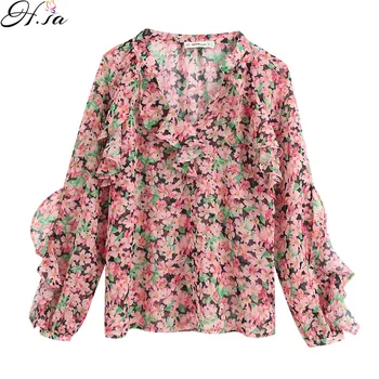 

H.SA Floral Loose Shirts Women V neck Ruffles Casual Blouses V-neck Boho Blouse Tops Female Summer Chiffon Blouse and Tops
