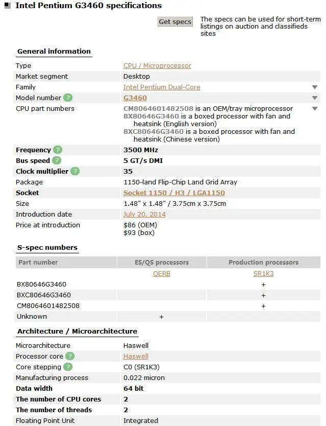 Двухъядерный процессор Intel Pentium G3460 3,5 GHz 3M 53W LGA 1150 cpu, протестированный рабочий